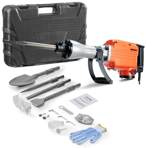 VEVOR Martillo Demoledor Eléctrico 2200 W 1350 BPM, Potencia de Impacto 66 J, Martillo Perforador, Mango Antivibración, con 4 Cinceles Reemplazables, Máquina de Demolición para Construcción Obras