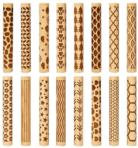 Sixfolo 16 Pcs Wooden Clay Texture Roller for Pottery Ceramics,10x1.5cm
