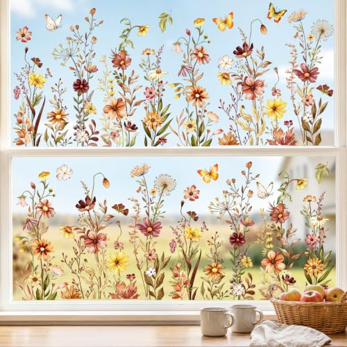 2 Sets Fall Boho Flower Window Clings Wildflower Butterfly Window Decals