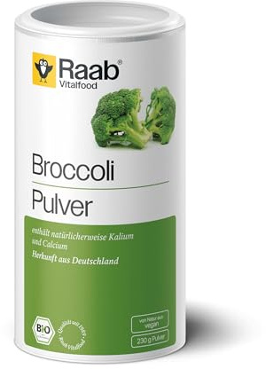 Raab Vitalfood Bio Broccoli Pulver, 100% Brokkoli-Pulver ohne Zusätze, enthält Kalium und Calcium, ideal für grüne Smoothies & Suppen, vegan, glutenfrei, 1x 230 g Dose