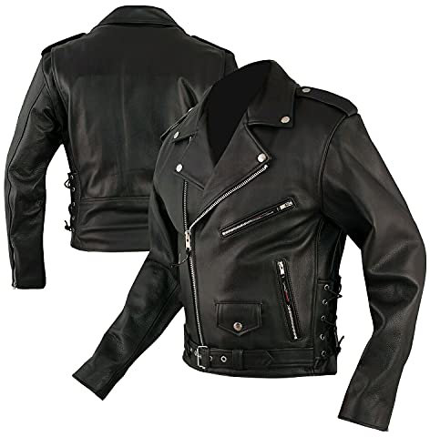 WinNet Giacca modello chiodo di pelle in stile moto custom vintage con protezioni removibili (XL)