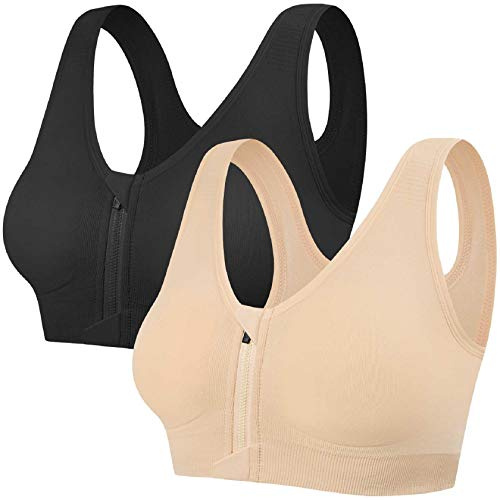 Tuopuda Soutien-Gorge de Sport pour Femme, sans Bonnet, avec Fermeture Éclair Avant et Plaquettes Amovibles pour Gymnastique, Course à Pied, Jogging, Yoga (Noir+Teint,L)