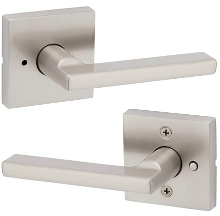Kwikset Halifax Interior Privacy Door Handle with Lock, Door Lever For Bathroom and Bedroom, Satin Nickel Reversible Keyless Push Button Lock Door Lever, with Microban Protection