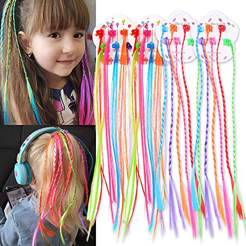 ACEHOME 24 Pcs Kids Hair Extensions With Clips, Clip-on Neon Braid Extensions for Girls Decor Birthday Party Favors Children Performance