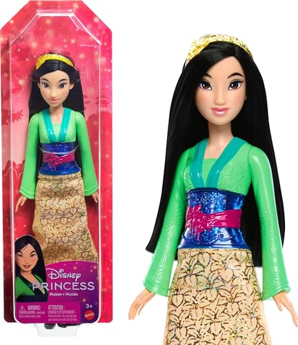 Mattel Princesses Disney Poupée Mulan articulée avec tenue scintillante et accessoires dont chaussures et diadème, Jouet Enfant, Dès 3 ans, HLW14