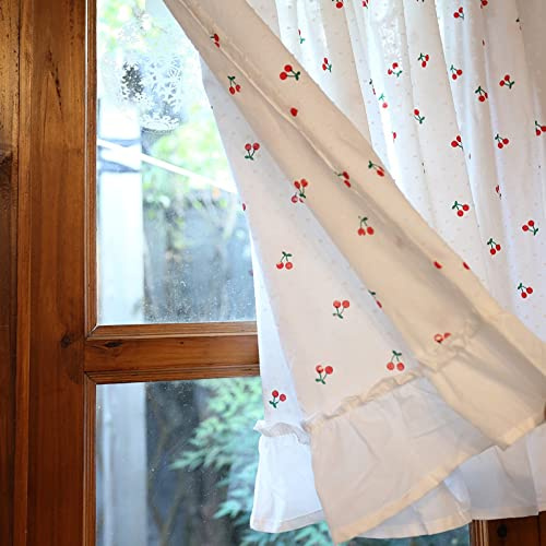 A.Monamour Tenda Corta per Finestra Piccola Cotone Bianco Semitrasparente Motivo Ciliegia Pom-Pom Textur Tendina Tenda da Cucina Bistrot Caffè Mezza Tenda Mantovana Tenda a Vetro Tenda Lavandino