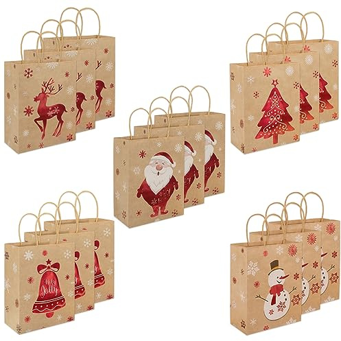 15 pcs Christmas Paper Bags, Cloudgree 210x270x110mm Large Kraft Paper Gift Bags Party Bags Shopping Bags with Handles for Christmas Party Favor Supplies 5 Styles