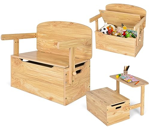 GOPLUS Barnbord med sittbänk, 3-i-1-barnstolsgrupp med förvaringsutrymme, barnkista, leksakslåda, barnmöbler, sittset, barn för dagis, lekrum (natur)