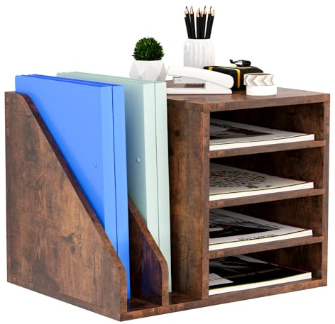 Senhoglb 4 Fächer Holz Büro Schreibtisch Ordner Organizer, A4 Dokumentenhalter Briefablage Aktenhalter Zeitschriftenhalter, Multifunktionaler Papier, Magazin, Bürobedarf Organisator, Braun