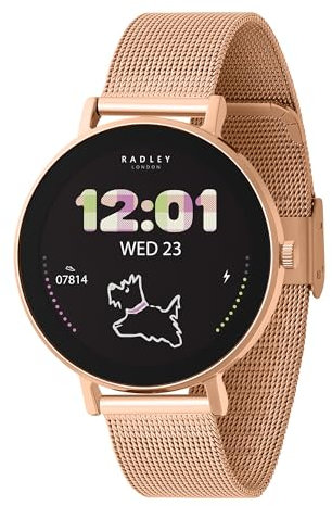 RADLEY Series 28 Amoled Smart Watch for Women with 1.19, Heart Rate, Bluetooth, Sleep Tracking, Sports Modes, Blood Oxygen, 5ATM Water Resistance, Rose Gold Mesh Stainless Steel Strap