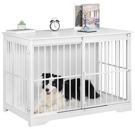 Hzuaneri Hundekäfig Möbel, 110cm Hundebox, 2 Türen, Moderne Hundekäfig Indoor für kleine/mittlere/große Hunde bis 100 kg, Beistelltisch, Verstärkte Schiebetür, 65 × 110 × 81 cm, Weiß DFC84413W