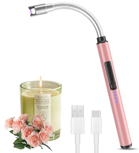 Encendedor de velas, resistente al viento, sin llama, USB, recargable, con bloqueo de seguridad, para cocina, barbacoa, velas, estufa de gas, barbacoa, fuegos artificiales (oro rosa)