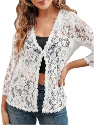 MINTLIMIT Women's 3/4 Sleeve Bolero Shrugs Elegant Crochet Top Floral Lace Open Front Cardigan