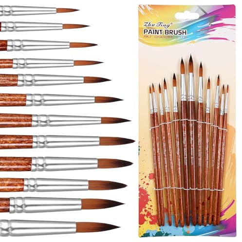 Giantree Juego básico de 12 pinceles redondos de nailon, pinceles profesionales de nailon, pincel de artista de mango largo para acuarela, tinta acrílica gouache y pintura de témpera (puntiaguda)