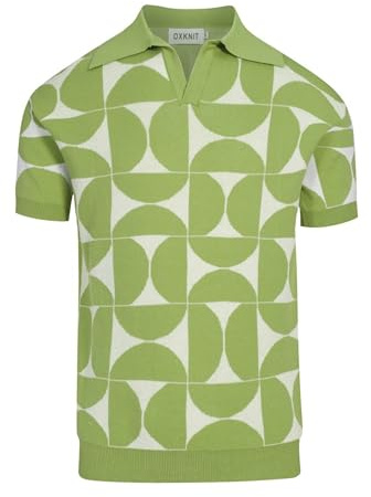 OXKNIT Men's Knitted Retro Poloshirt, 1960s Mod Style Vintage Pattern Short Sleeve Shirt V-Neck Green, Green, XL
