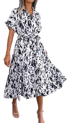 fdsmall Womens Boho Maxi Dress Summer Leopard Print Casual Short Sleeve Dress Floral Midi Tshirt Dresses (UK, Alpha, L, Regular, Regular, White)