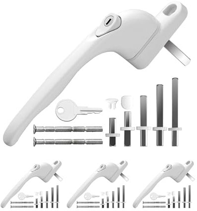 eSynic 4pack Universal Window Handles for UPVC with 5 Multi-Size Spindles & Cuttable Screws 360° Rotation Lockable PVC Window Handle with Key White Aluminum Ergonomic Espag Replacement Handle