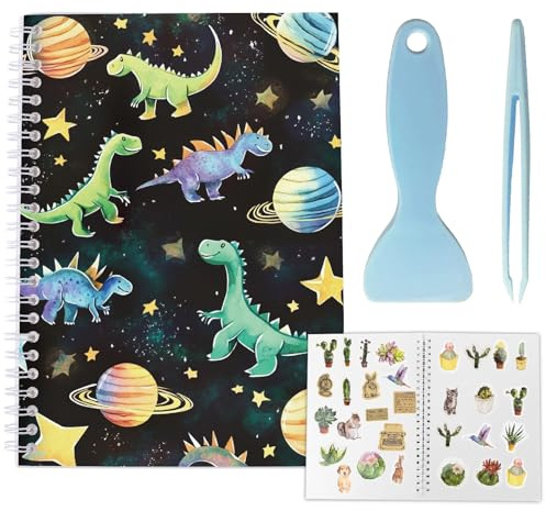 CRASPIRE Álbum Colección Pegatinas Tamaño A40 Reutilizable Impermeable Diseño Dinosaurios Planetas Estrellas Organizador Almacenamiento En Blanco Raspador Pinzas Colección Etiquetas.
