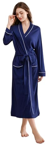 Women's Robes Lightweight Soft Cotton Blend, Ladies Bathrobe Absorbent Breathable Kimono Robe with Pockets,NAVY BLUE,L