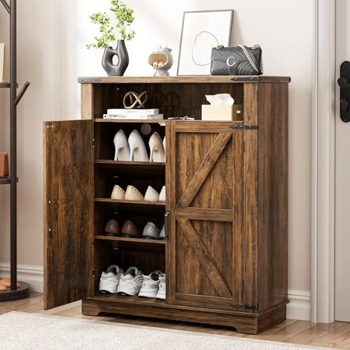 OCTORO Shoe Cabinet with 2 Doors, Farmhouse Style Shoe Storage Cabinet, Shoe Rack Cabinet with Adjustable Shelves & Anti-tip Fitting, Shoe Cupboard for Entryway, Living Room and Hallway, Brown