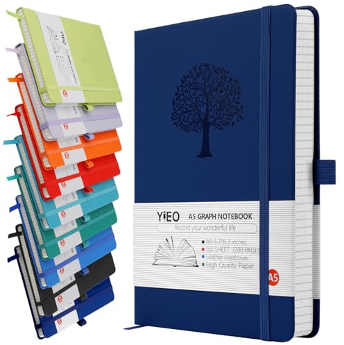 A5 Journal Notebook Graph Paper, 200 Pages Leather Squared Journal Notebook for Women Men, Hardback Note Book with 80GSM Grid Paper, No Bleed for Writing, Notepad for Office School Supplies, DarkBlue