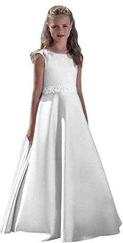 Hongyangjing Vestido de satén para niña de flores para playa, boda, apliques de primera comunión, blanco, 13-14 años