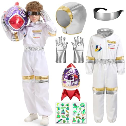 Haozozo Costume da Astronauta per Bambino con Casco, Guanti, Razzo Gonfiabile, Occhiali Spaziali e Adesivi - Costume Spaziale Perfetto per Carnevale, Halloween, Feste a Tema e Cosplay (M)