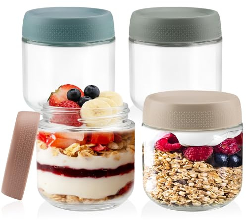 Foymlon 4 Tarros de Cristal con Tapa, 300ml Overnight Oats Jar, 10oz Tarros de Cristal con Tapa Rosca, Bote Cristal Hermetico para Yogur, Avena, Cereales, Gachas, Mermelada, Especias, Chutney