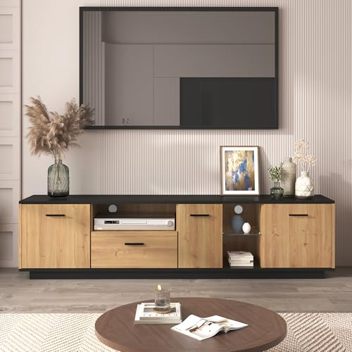 BTM TV cabinet with one drawer, three doors, two open glass compartments. TV unit, TV stand, TV lowboard with fine texture. Available in black and natural wood finishes. 16 adjustable LED lights.