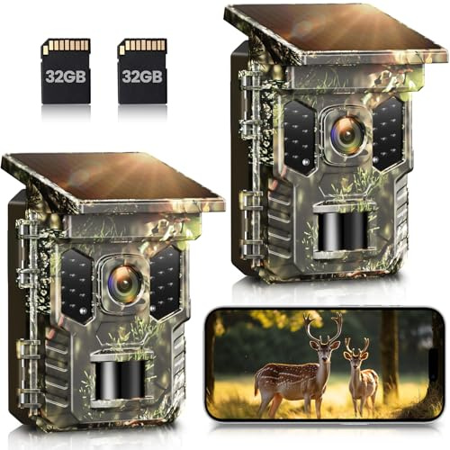 XTU Wildlife Camera WiFi Bluetooth - 4K 64MP Solar Trail Camera With Night Vision Activated Waterproof IP66,0.2s Trigger Speed,Built-in Lithium Battery Rechargeable (2 Pack)