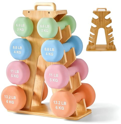 VeftBltrem 4 Livelli Supporto per Manubri, Supporto Porta Manubri in Legno, 4 Ripiani Rack Porta Rastrelliera con Maniglia, da 3-7KG, per Palestra Domestica, Ufficio, Soggiorno, 35,5x14,5x46cm