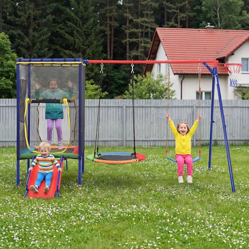 Set multifuncional para exterior, juego infantil con cama elástica, columpio, tobogán y canasta de baloncesto – Parque infantil multifuncional para jardín, con red de seguridad, columpio tipo nido y