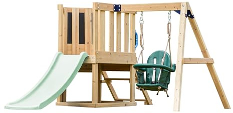 AXI Timo Mini Wooden Play Set - Pastel Green Slide | Play Tower with Baby Swing, Climbing Wall and Chalkboard | Play Set on Posts for the Garden