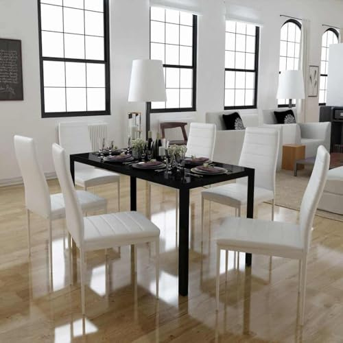 Plumbpyr Set da pranzo da 7 pezzi, nero e bianco, con tavolo in vetro temperato e sedie in ecopelle, 120 x 60 x 74 cm, 6 sedie imbottite, moderno gruppo da pranzo per soggiorno e piccoli spazi