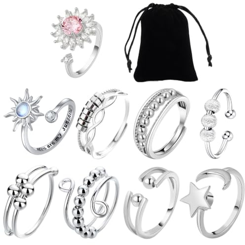 9 Pièces Bague Anti Stress, Anneaux de Décompression Ouvert et Réglable, Rotative Anxiety Ring Empilables, Bagues Rotatives pour Soulager Stress et L'anxiété, avec Pochette Tissu