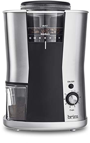 BRIM Conical Burr Coffee Grinder, Uniformly Grinds Beans for 1-17 Cups of Coffee, Features Removable Bean Container, 17 Precise Grind Size Settings, and Convenient Auto Shut Off, Stainless Steel/Black