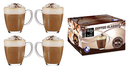 EVER RICH ® 385ML Latte Glass Tea Coffee Cup Mug (Compatible with Tassimo & Dolce Gusto) 4 Glasses Only (385ML X 4)