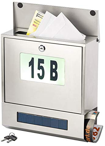 Lunartec Postkasten: Edelstahl-Briefkasten, Solar-Leucht-Hausnummer, Zeitungsfach, 3 LEDs (Postkasten mit Hausnummer, Briefkasten mit Beleuchtung, Zeitschriften)