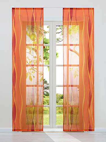 HeichkelL 2-TLG Voile Schiebegardine Flächenvorhänge mit Wellendruck Transparente Dekogardinen inkl. Klettband und Befestigungszubehör Orange 2X 57x245 cm