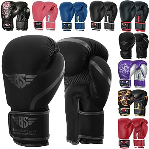 Be Smart Kids Boxing Gloves 4-15 Years 4oz 6oz 8oz Training Gloves for Women & Children Sparring Youth Boxing Gloves Junior Training Mitts PU Leather MMA Muay Thai Kick Boxing (4oz, Matt Black)