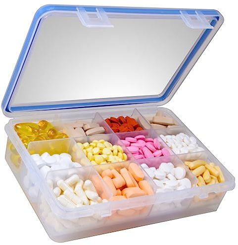 GMS 12 Compartment Vitamin Pill Organizer - Large Size Suitable for Multiple Supplements & Tablets - Safe, Secure Design with Easy Locking Lid - Medicine Cabinet Organizer & Ideal for Travel
