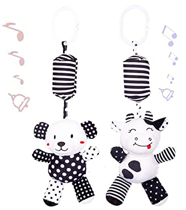 SHXERO Baby Car Seat Toys, Black White Stroller Toy Stretch Baby Spiral Plush Toys, Hanging Rattle Toys for Crib Mobile, Newborn Sensory Toy Best Gift for 0 3 6 9 12 Months (Calf/Panda)