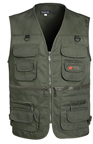 LISUHEPEAL Men's Fishing Vest Summer Outdoor Work Safari Travel Photo Vests with Multi Pockets (S18-Army Green, XXL)