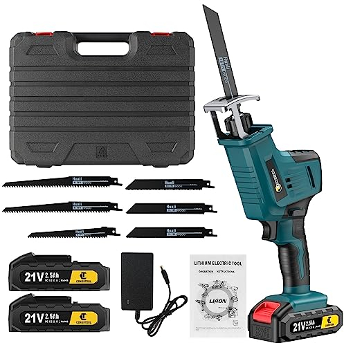 Conentool 21V Säbelsäge, Akku-Reciprosäge mit 6 Sägeblättern und 2x2000mAh Batterien, variabler Geschwindigkeit (0-3000SPM), Elektrische Säbelsäge für Metall, Holz, PVC-Rohr und Baumschnitt