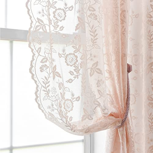 FINECITY Blush Lace Curtains 96 Inches Long - Country Rustic Branch Floral Lace Sheer Curtains 2 Panels Set for Living Room, Privacy Scalloped Lace Window Curtains, 52 x 96 Inch, 2 Panels, Blush Pink