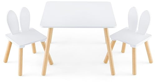 GOPLUS 3 delar Barnstolsgrupp, barnbord med 2 stolar, barnmöbelset med ryggstöd i kaninöron, sittset barn för barnrum (vit)