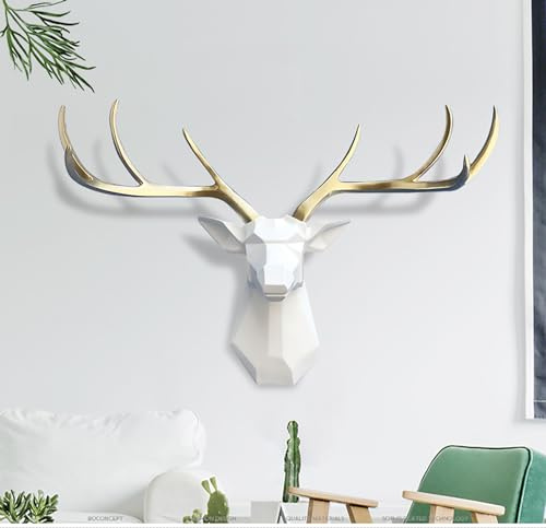 Wanddeko Wandbehang 3D Hirschkopf Wandskulptur Geometrische Hirschkopf Wandskulpturen Harz Tierkopf Skulptur Wand Deko Statue Wandschmuck für Wohnzimmerwand Wohnung Schlafzimmer Gartenhütte Flur
