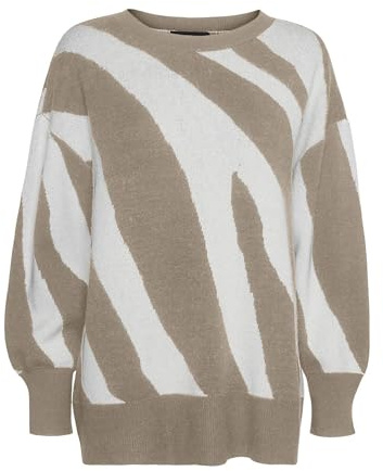 VERO MODA Vmnancy LS O-Neck Maglione Lungo da Donna, Silver Mink/Detail:w. Birch Animal Print, S