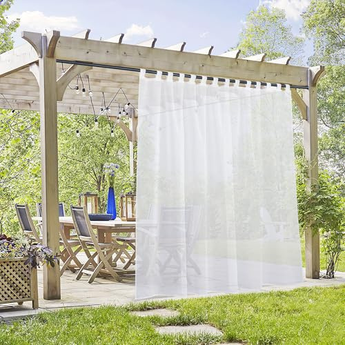 PONY DANCE Outdoorgardinen Weiss Transparent 1 Stück Balkon Vorhang Wasserabweisend Leinenoptik Gardinen mit Klett-Schlaufen Terrasse Vorhänge Outdoor, H 274 x B 254 cm, Weiß