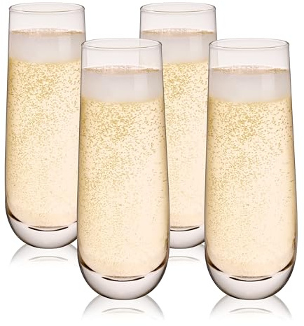 True Stemless Champagne Flutes, Clear Sparkling Wine Glasses for Prosecco, Sparkling Cocktails, Mocktails, Elegant Glassware for Wedding Gifts, Dinner Parties, 9 oz, Set of 4